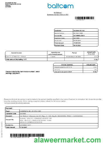 Latvia Baltcom telecommunications business utility bill template in Word and PDF formats (English version)